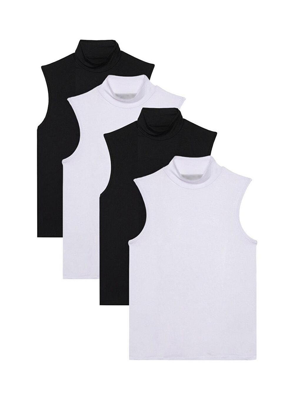 Karışık Kadın 4'Lü Paket Siyah-Beyaz Regular Fit Viskon Kumaş Balıkçı Yaka Sıfır Kol Bluz