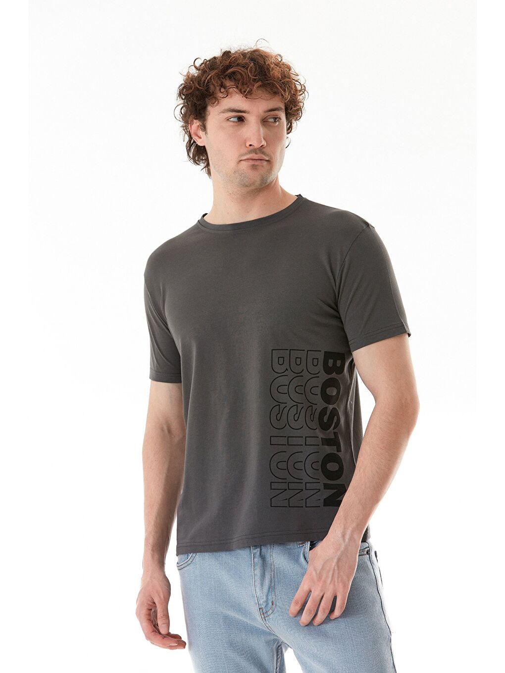 Antrasit Boston Yazı Baskılı Bisiklet Yaka Tişört-1