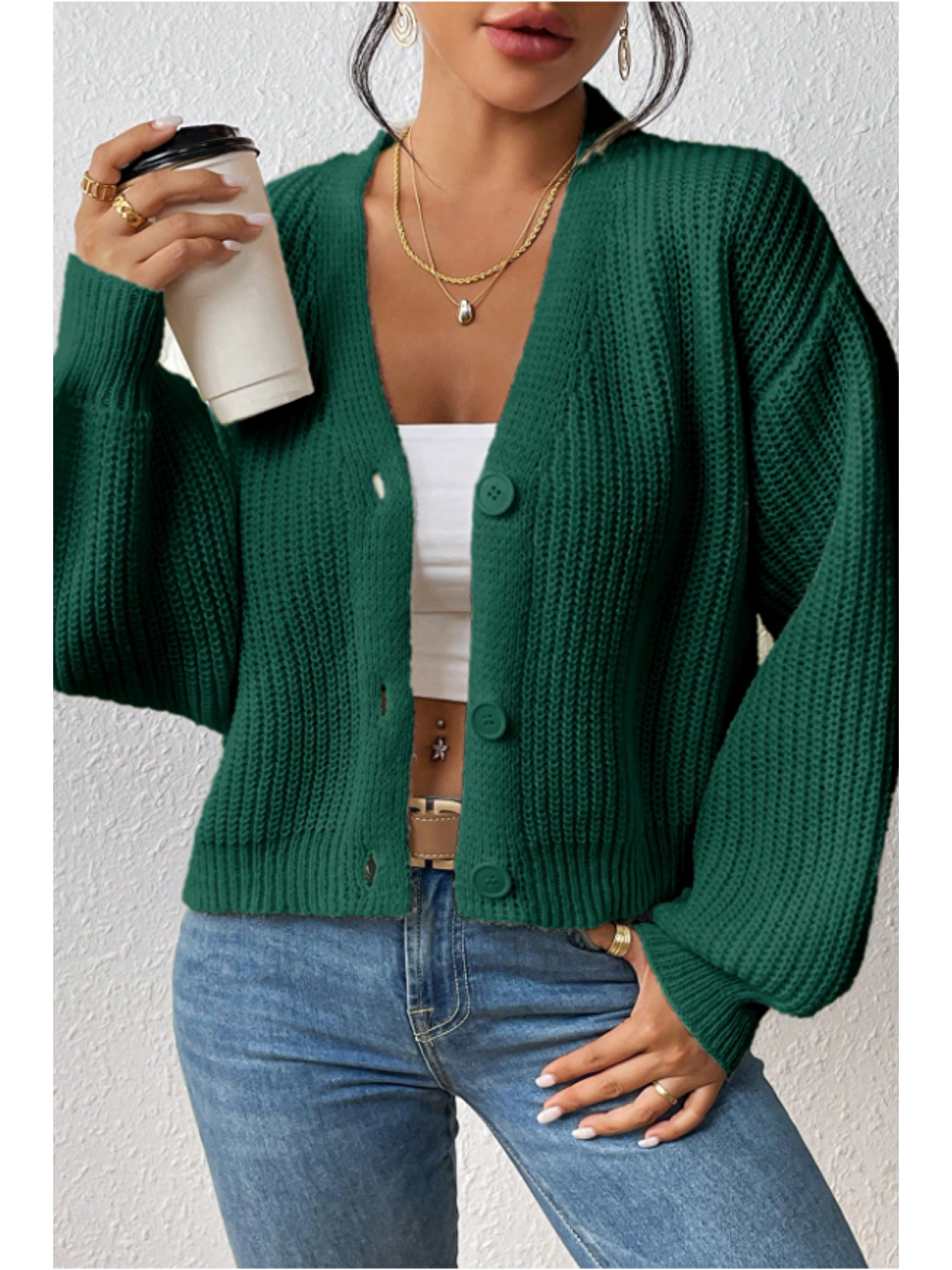 Kadın Yeşil V Yaka  Uzun Kollu Düğmeli Triko Hırka-3