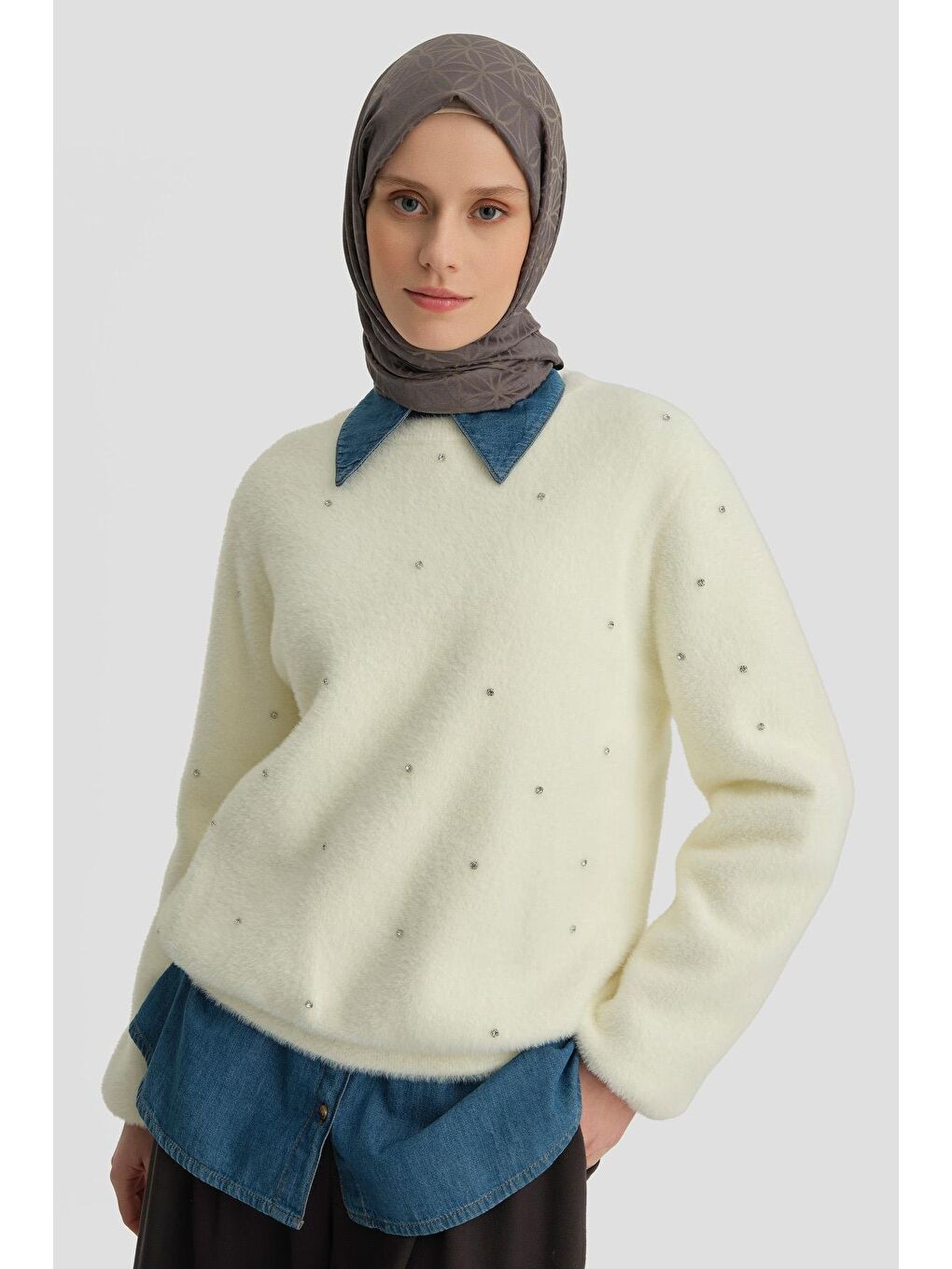 Ekru Taş Detaylı Kazak 24Kd2806 Aytaşı-2