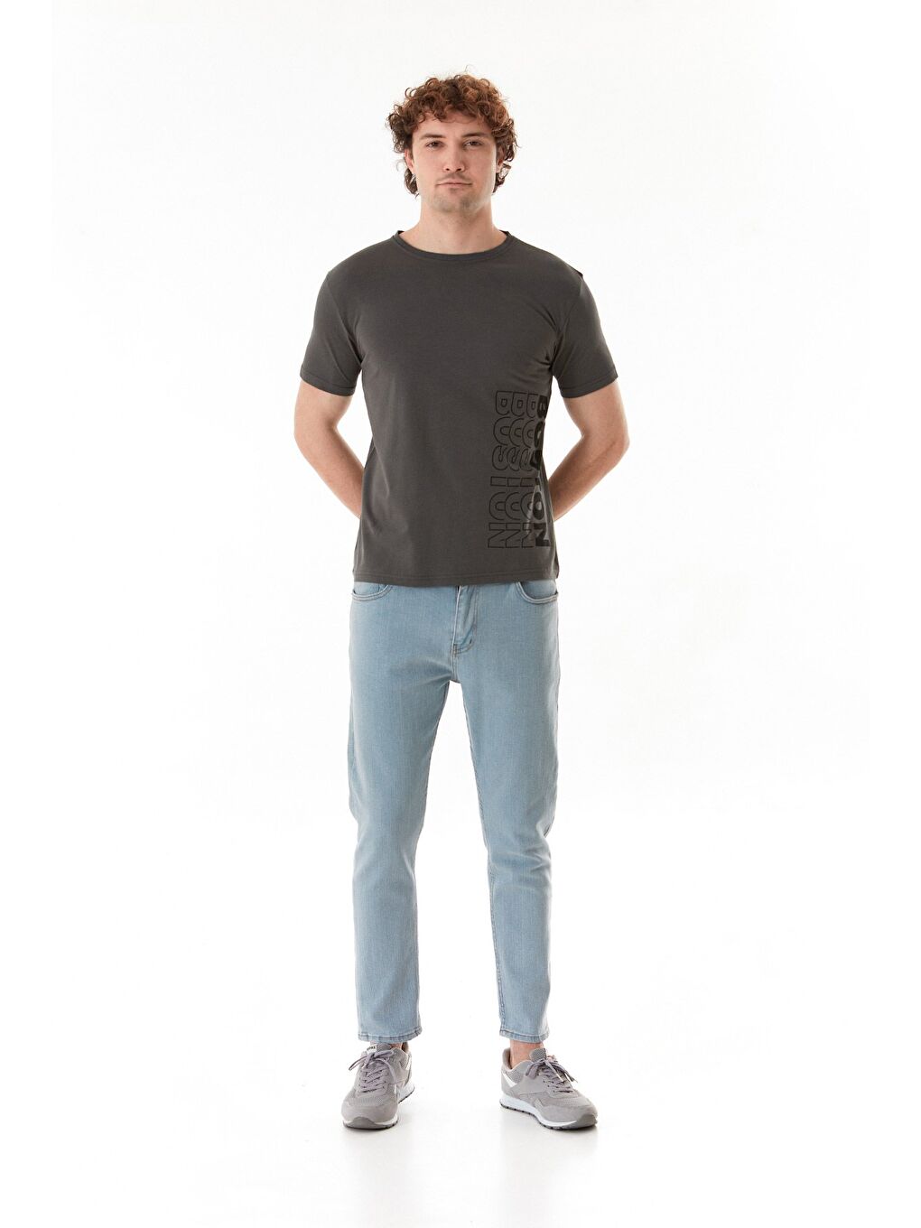 Antrasit Boston Yazı Baskılı Bisiklet Yaka Tişört-2