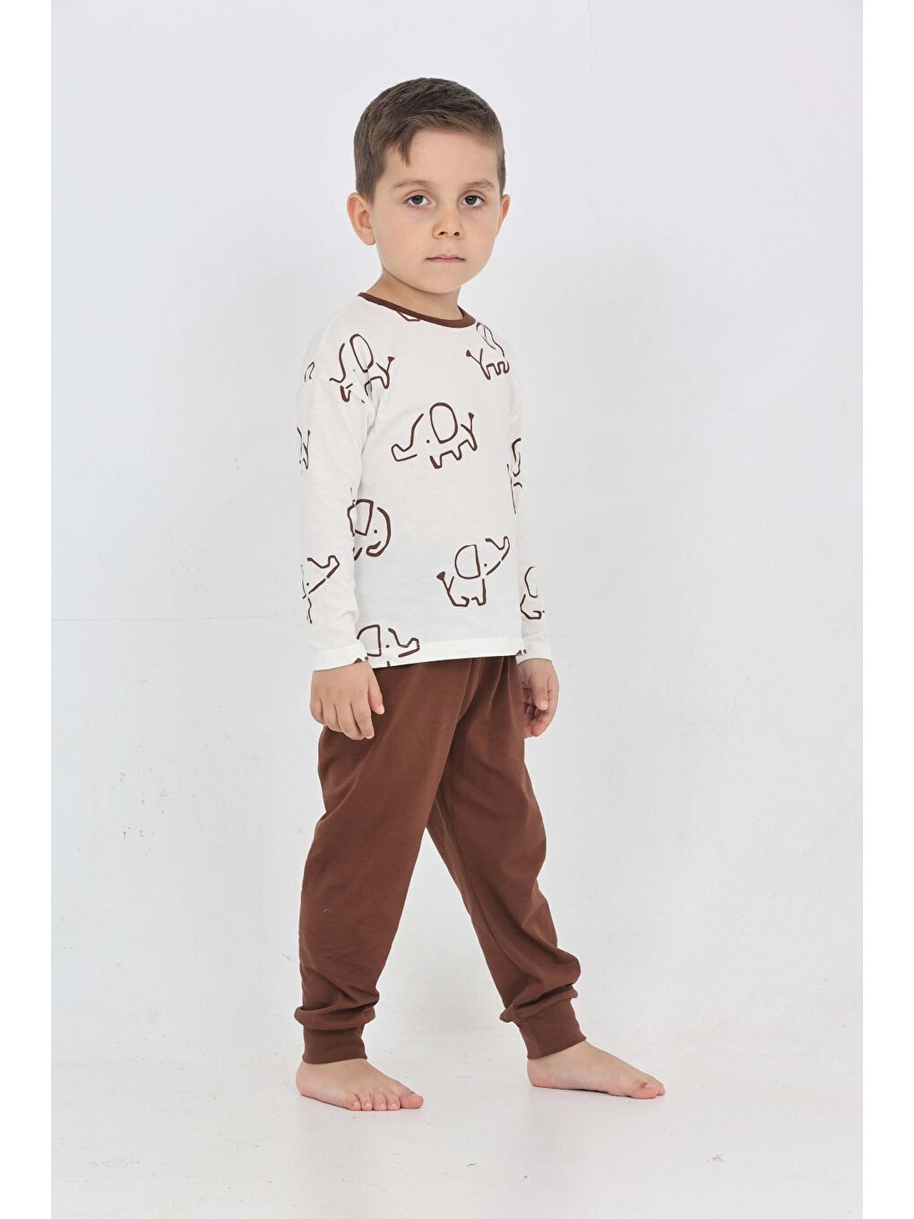 Kahverengi Erkek Çocuk Fil Pano Baskılı Pijama Takım-3