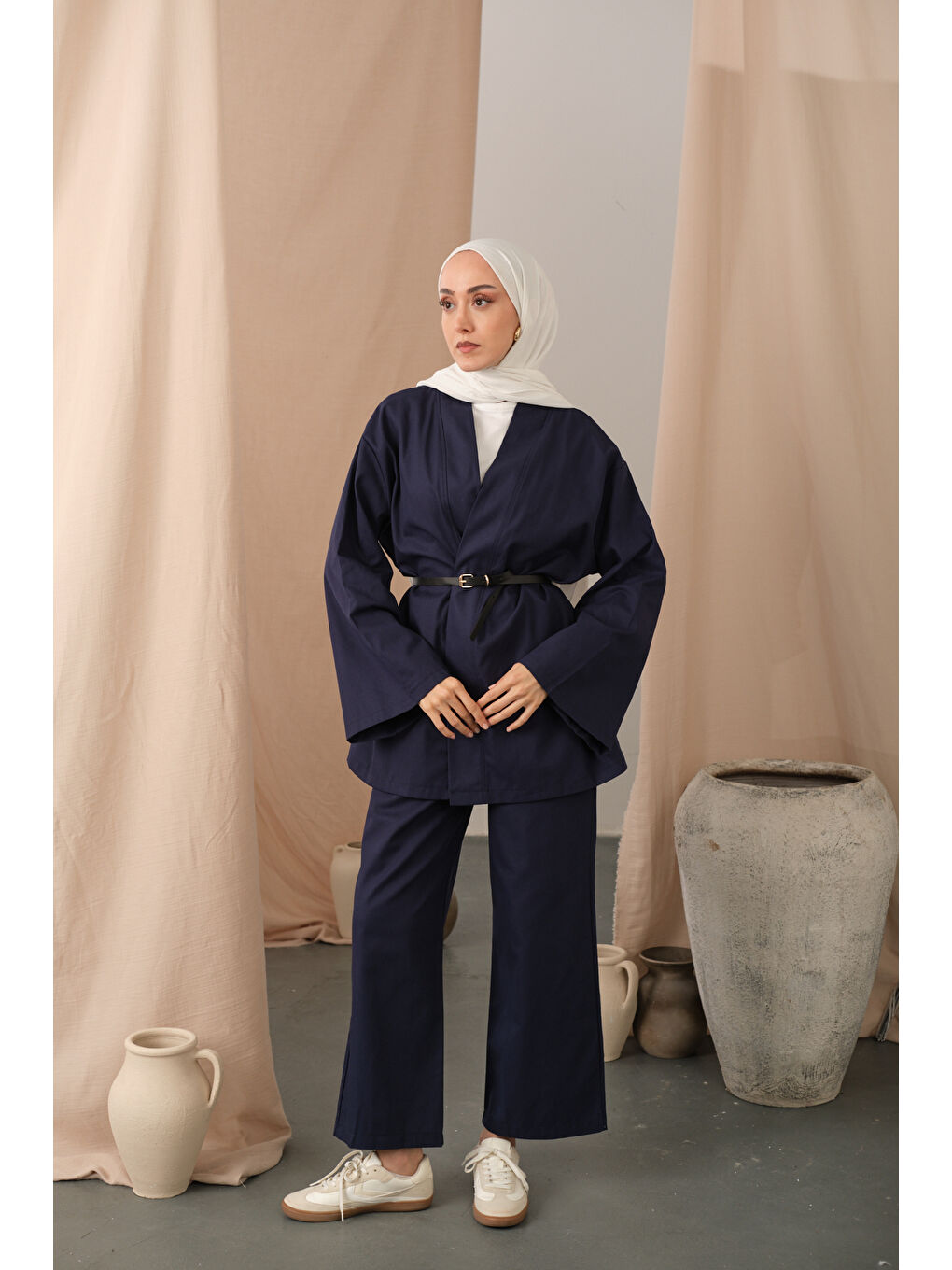 Kadın Deri Kemerli Kimono Takım Lacivert