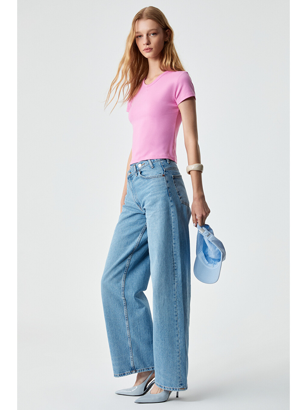 Masroutı Kadın Slim Kısa V Yaka Kısa Kol Pembe T-shirt-3