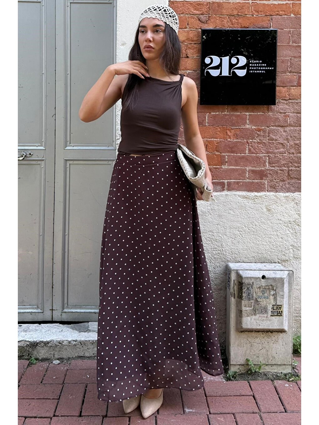 Kahverengi Minimal Puantiye Desen Şifon Astarlı Etek Mg2821-5