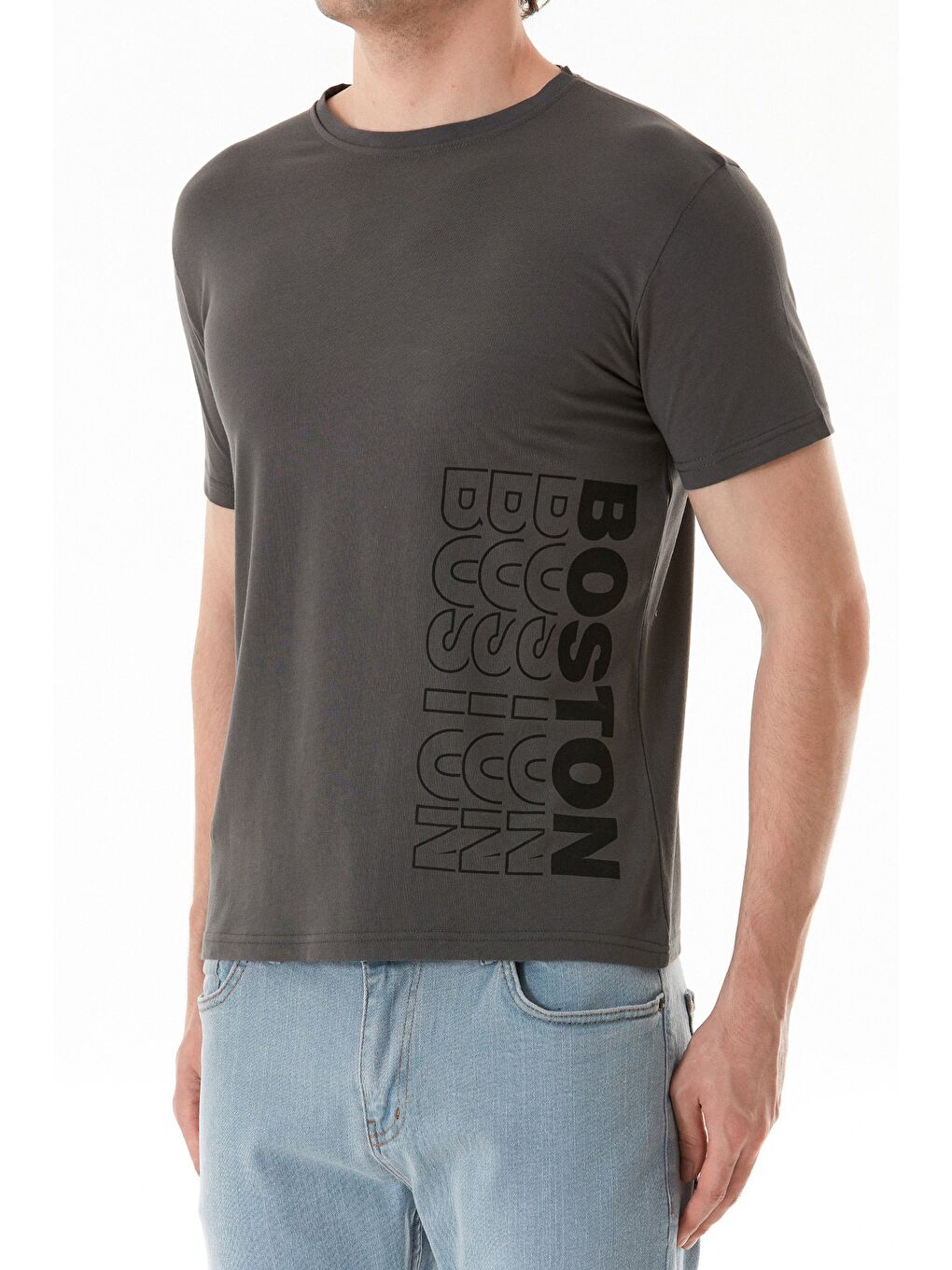 Antrasit Boston Yazı Baskılı Bisiklet Yaka Tişört-4