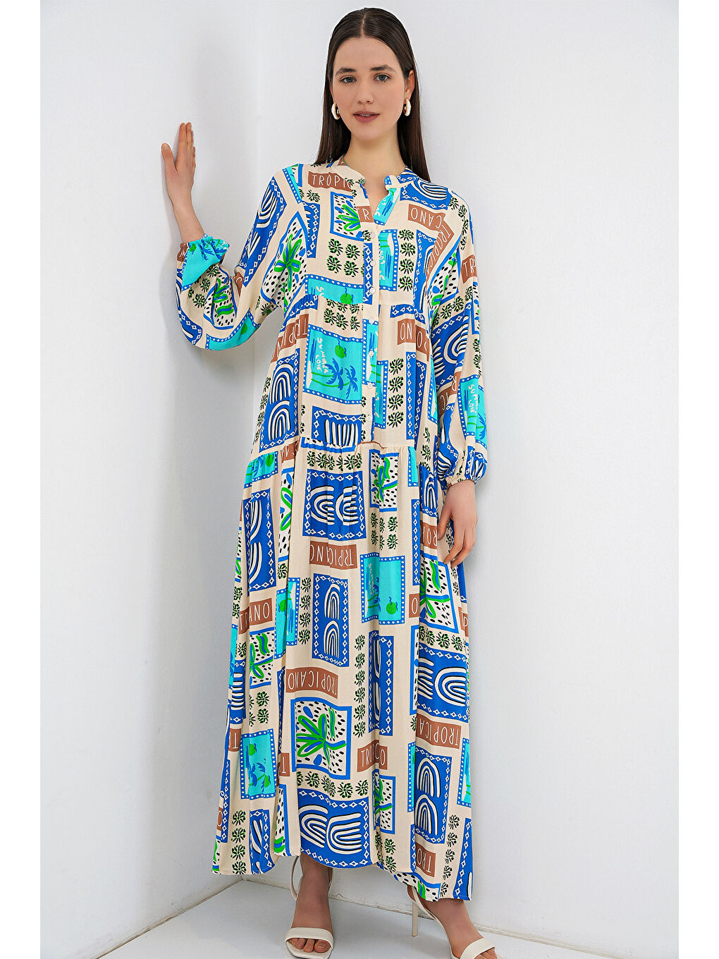 Kadın Desenli Uzun Tesettür Elbise 2585 - A. Turkuaz-1