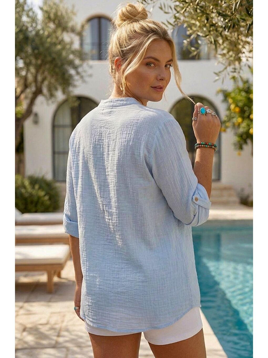 Açık Mavi Hakim Yaka Düğmeli Uzun Kollu Düğmeli Casual Müslin Dokuma Gömlek 75 63-5