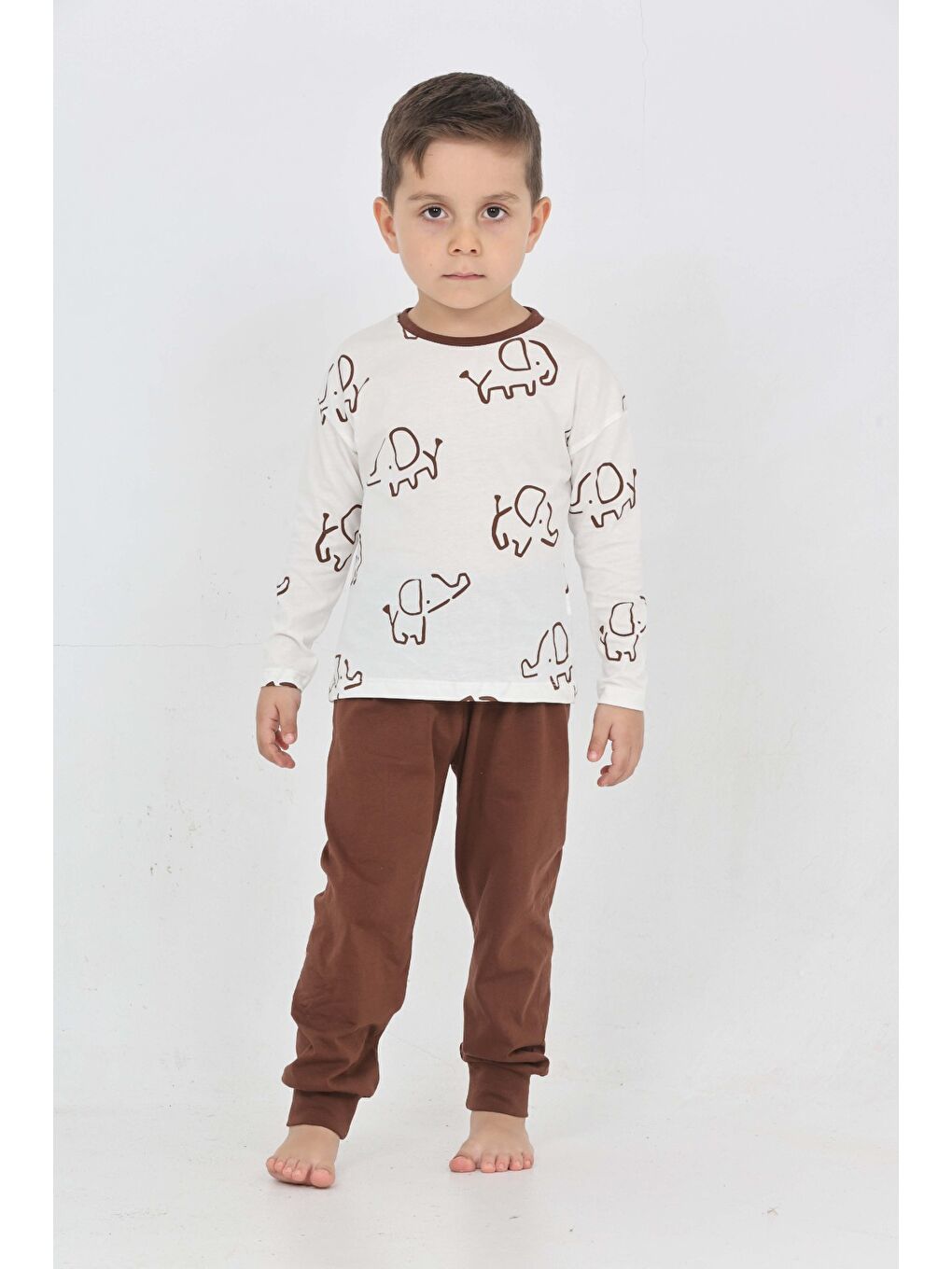 Kahverengi Erkek Çocuk Fil Pano Baskılı Pijama Takım-4