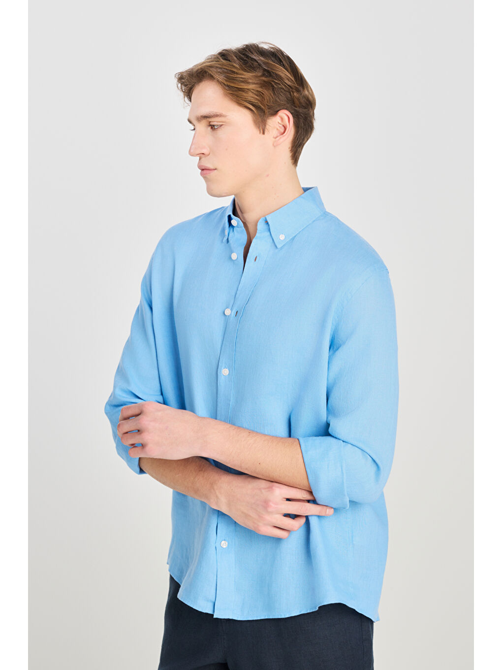 %100 Keten Regular Fit Normal Kesim Mavi Gömlek-1