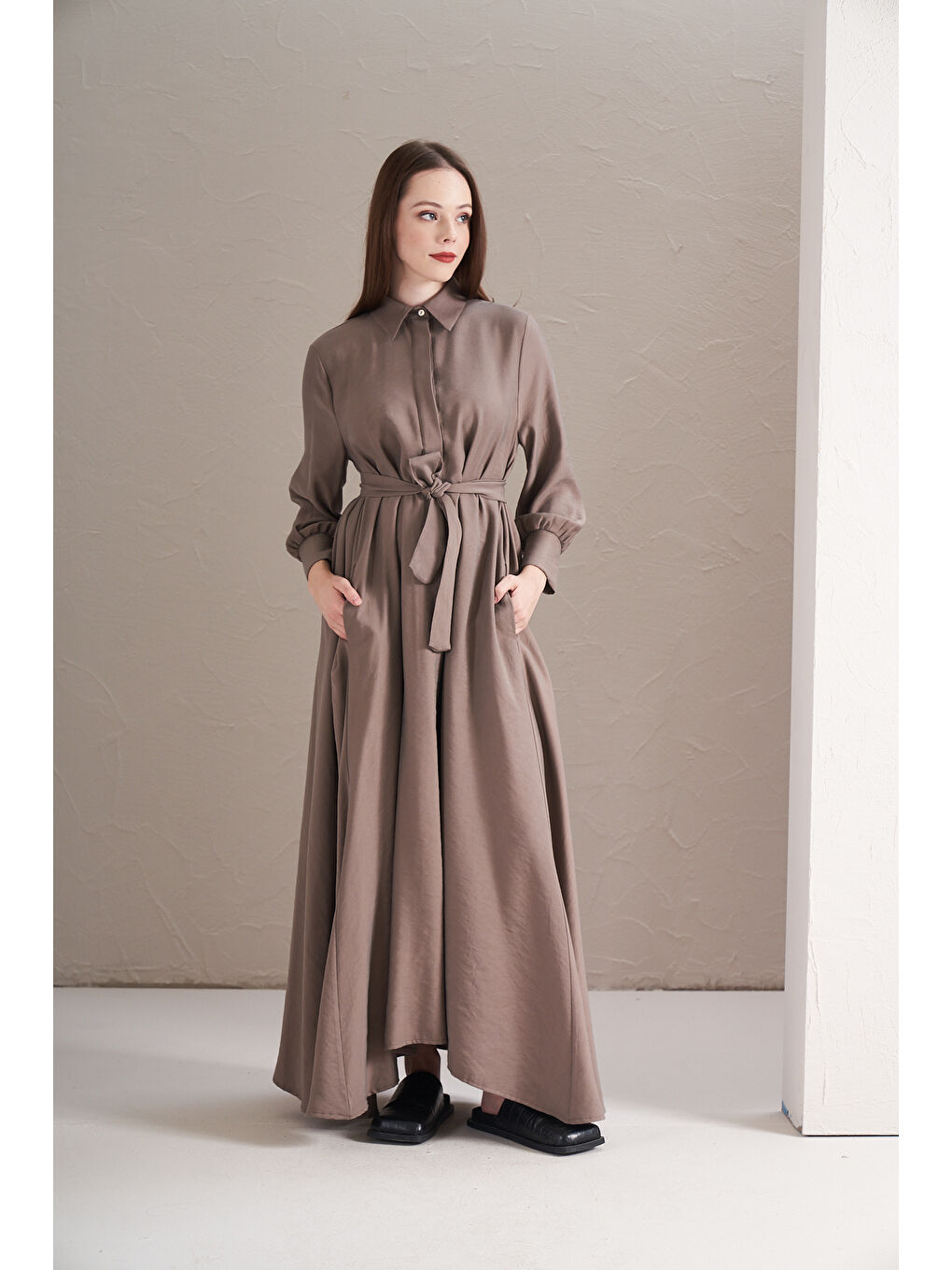 Bej A Pile Ekstra Salaş Modal Elbise Vizon-6