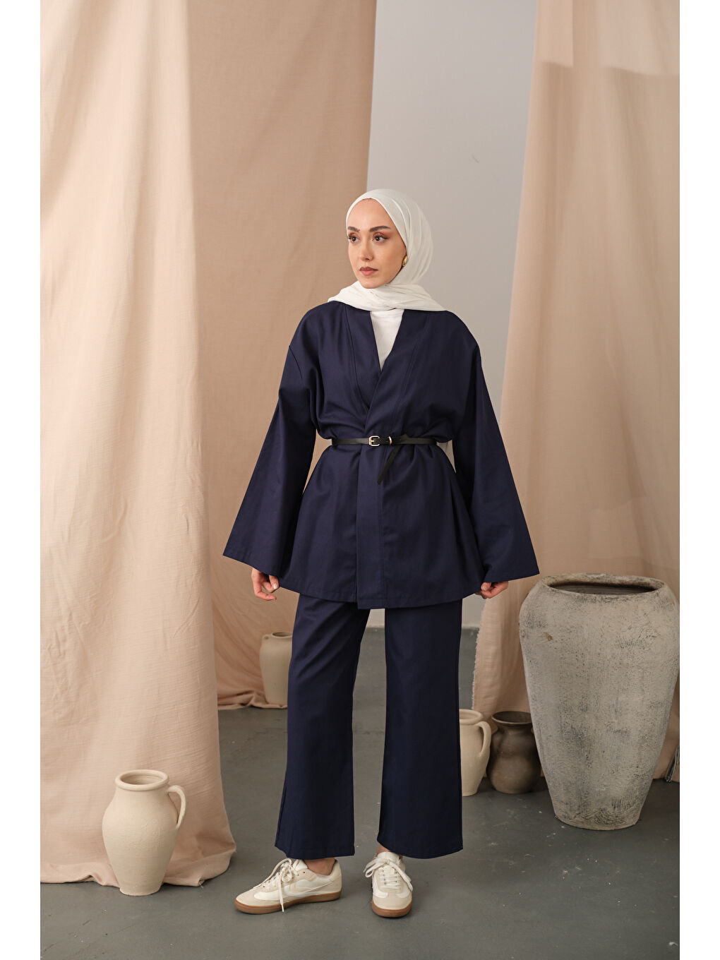 Kadın Deri Kemerli Kimono Takım Lacivert-1