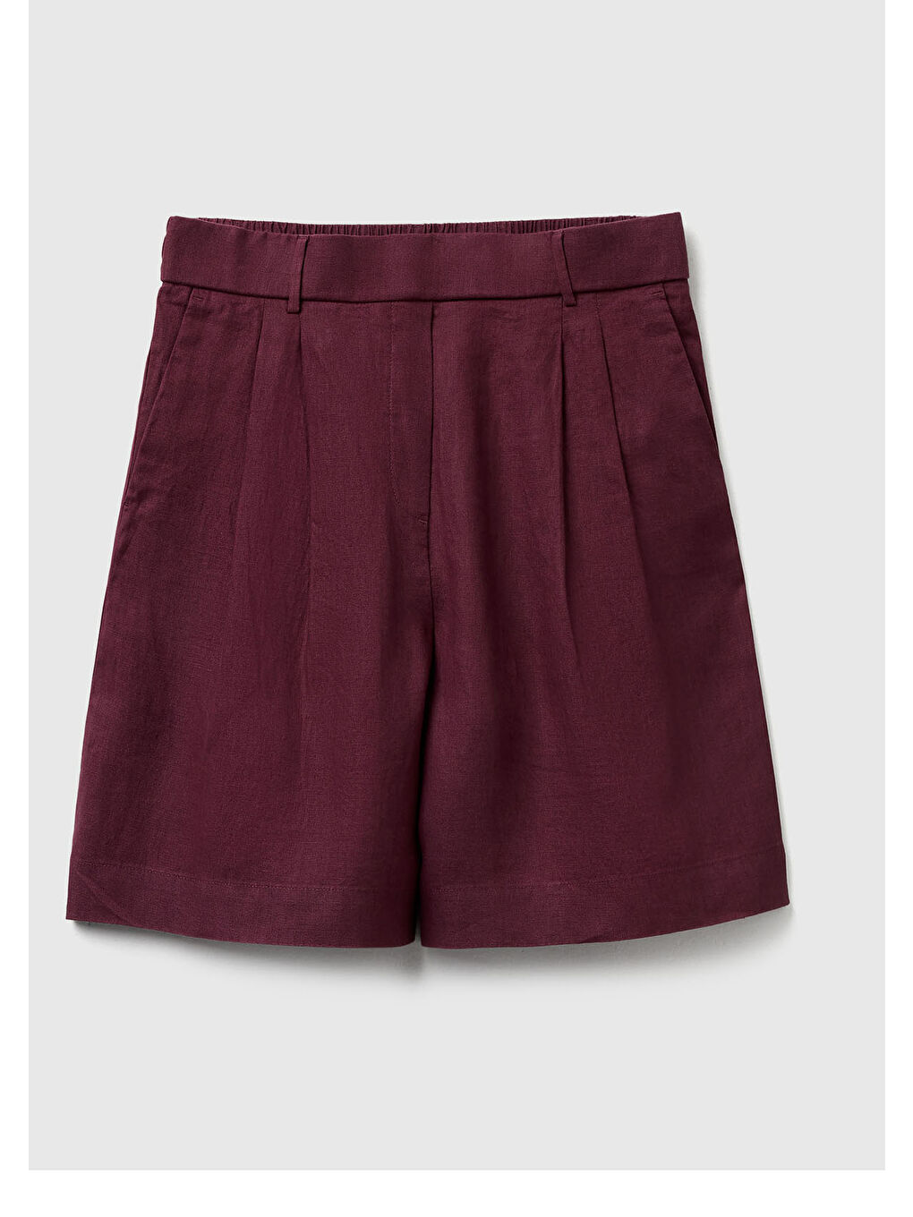 Kadın Mürdüm %100 Keten Arka Beli Lastikli Pileli Relax Fit Bermuda Şort