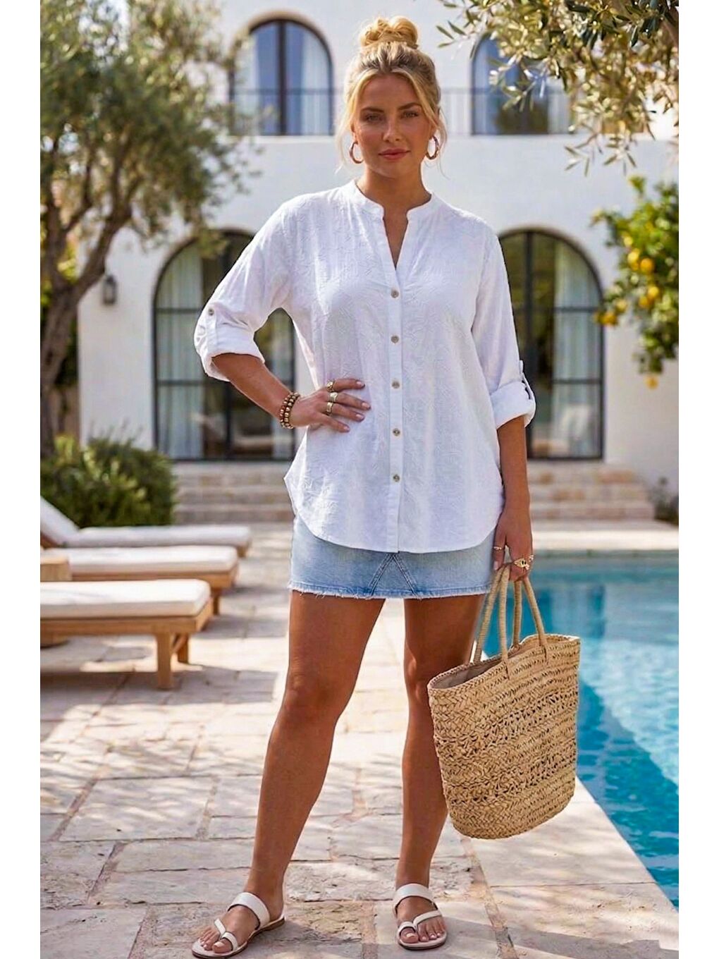 Beyaz Hakim Yaka Düğmeli Uzun Kollu Düğmeli Casual Müslin Dokuma Gömlek 75 63-4