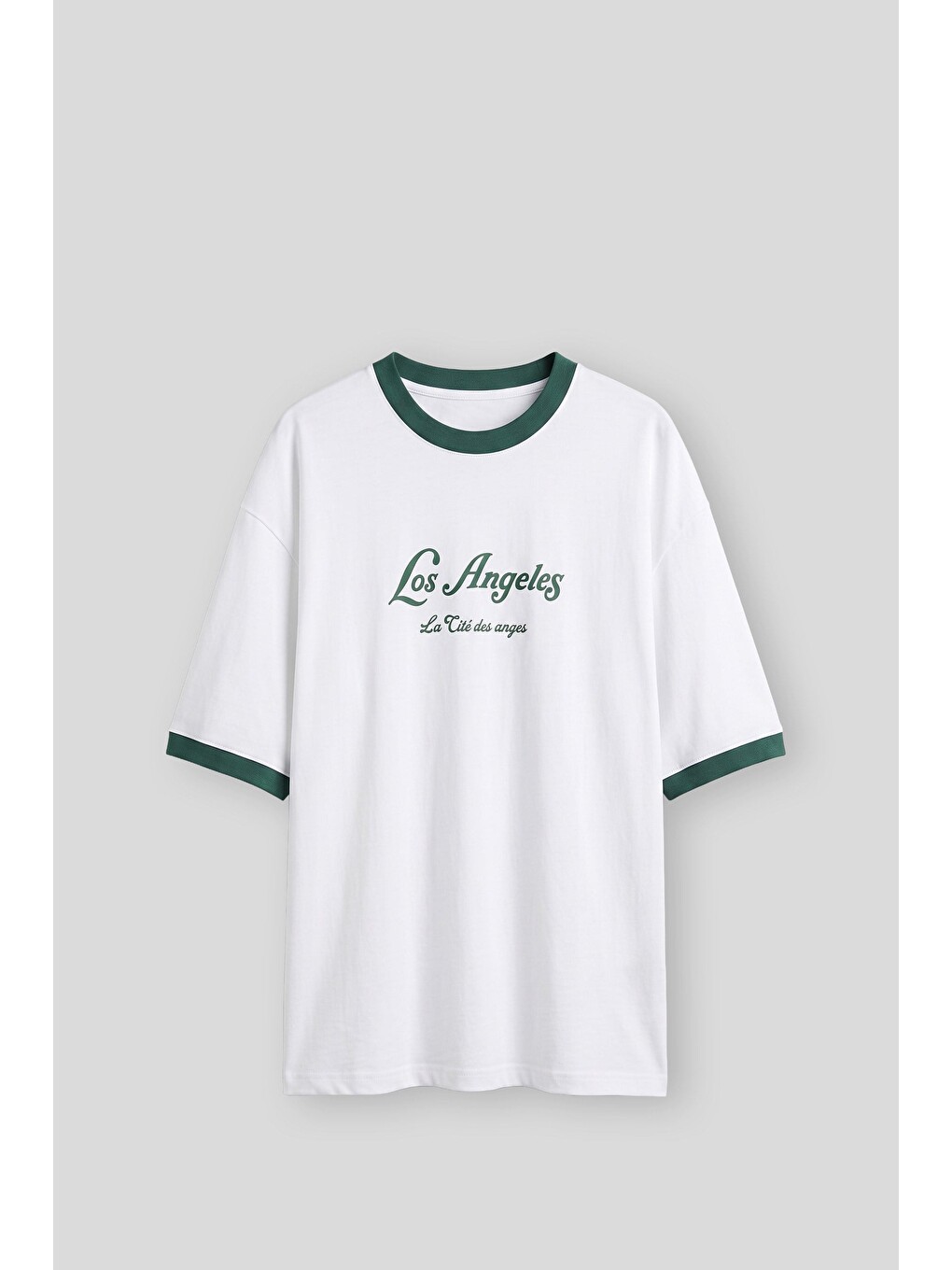 Erkek Süper Oversize La Baskılı Kontrast Yaka T-shirt Beyaz
