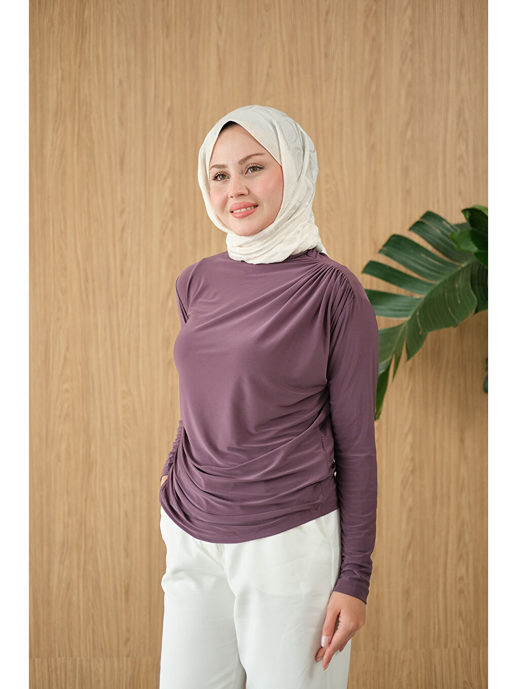 Pembe Kadın Uzun Kollu Büzgü Detay Bluz Gül Kurusu-1