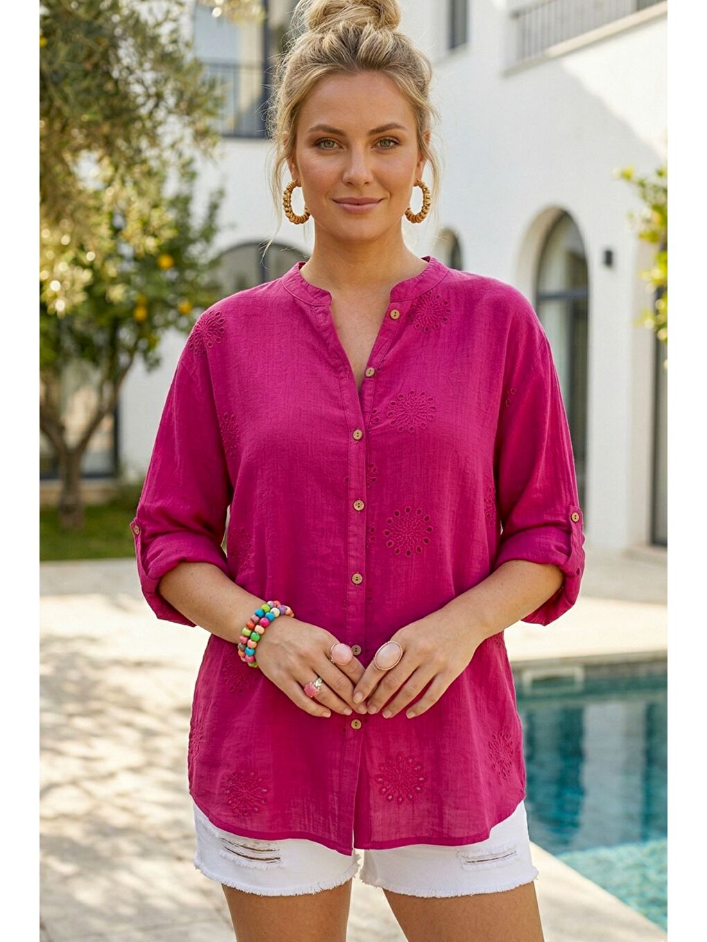 Fuşya Hakim Yaka Düğmeli Uzun Kollu Düğmeli Casual Müslin Dokuma Gömlek 75 63-2