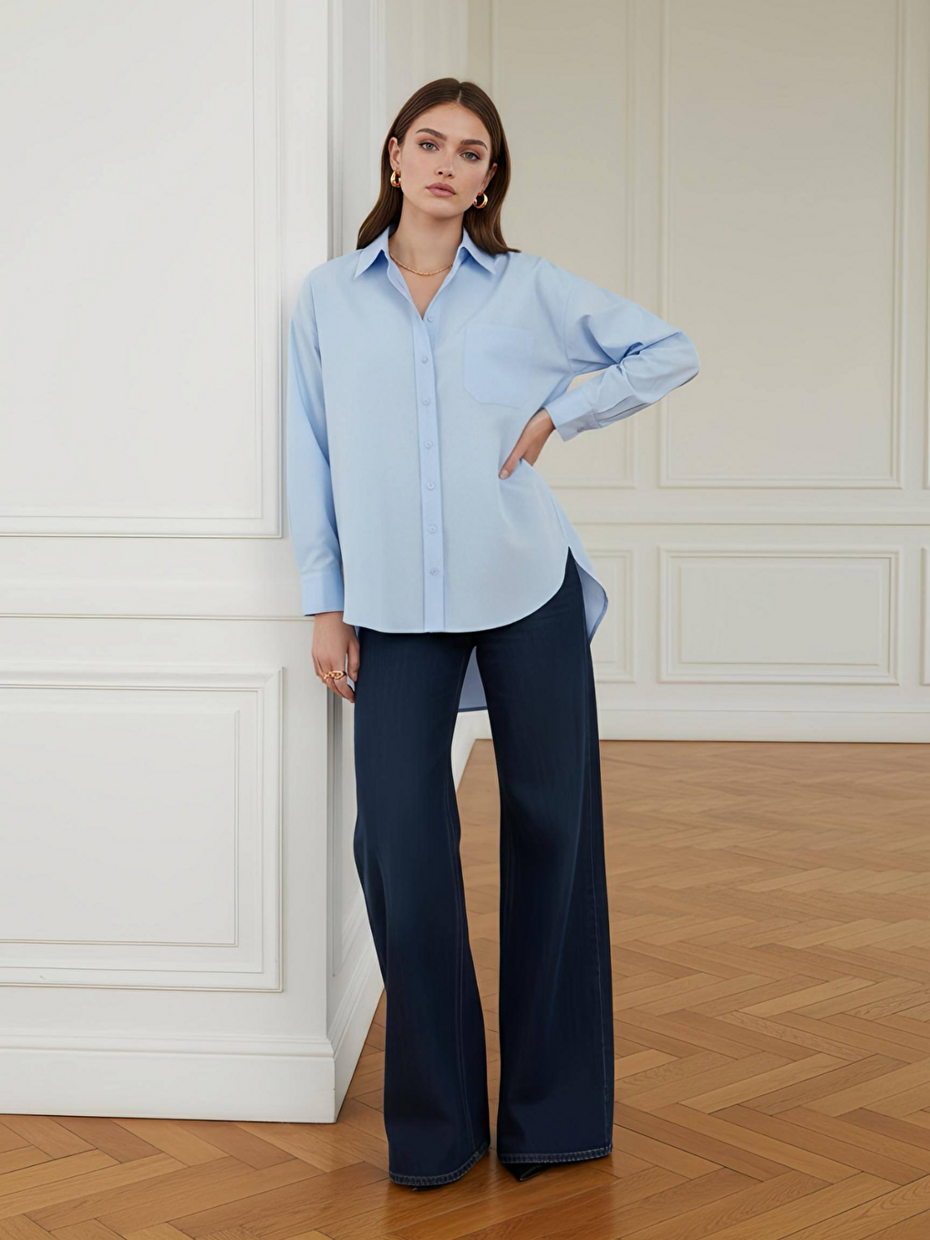 Mavi Oversize Arkası Uzun Önü Kısa Poplin Gömlek-1