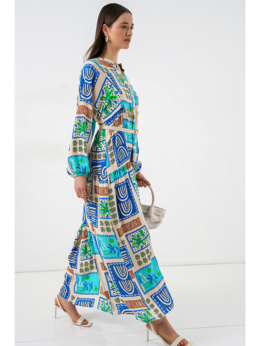 Kadın Desenli Uzun Tesettür Elbise 2585 - A. Turkuaz-2