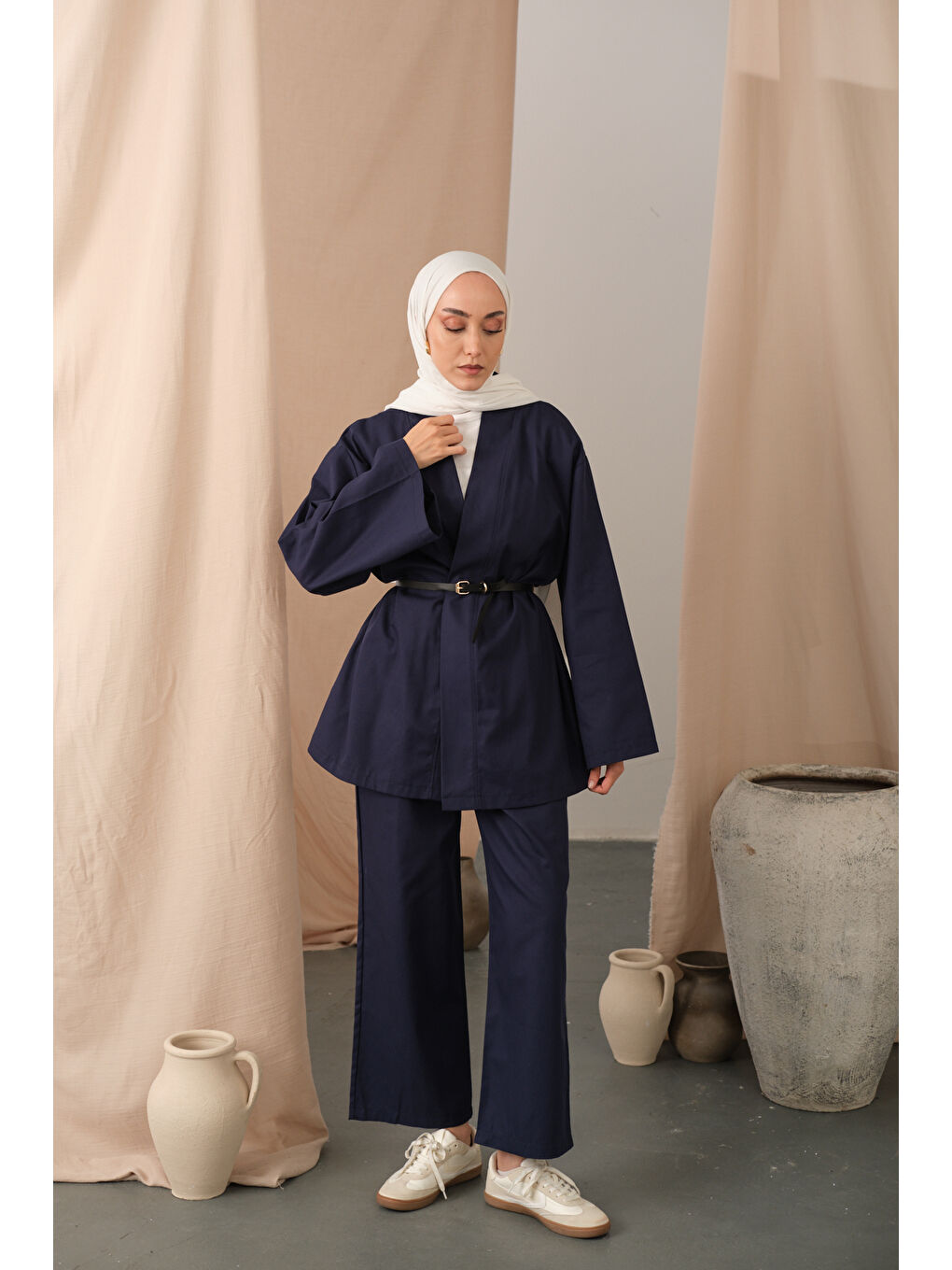 Kadın Deri Kemerli Kimono Takım Lacivert-2