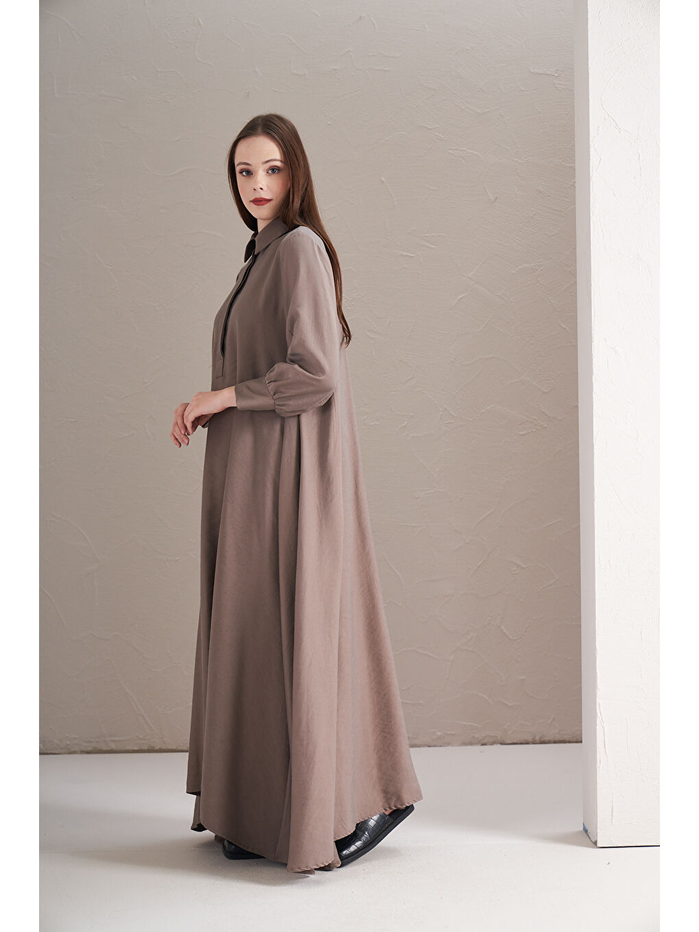 Bej A Pile Ekstra Salaş Modal Elbise Vizon-7