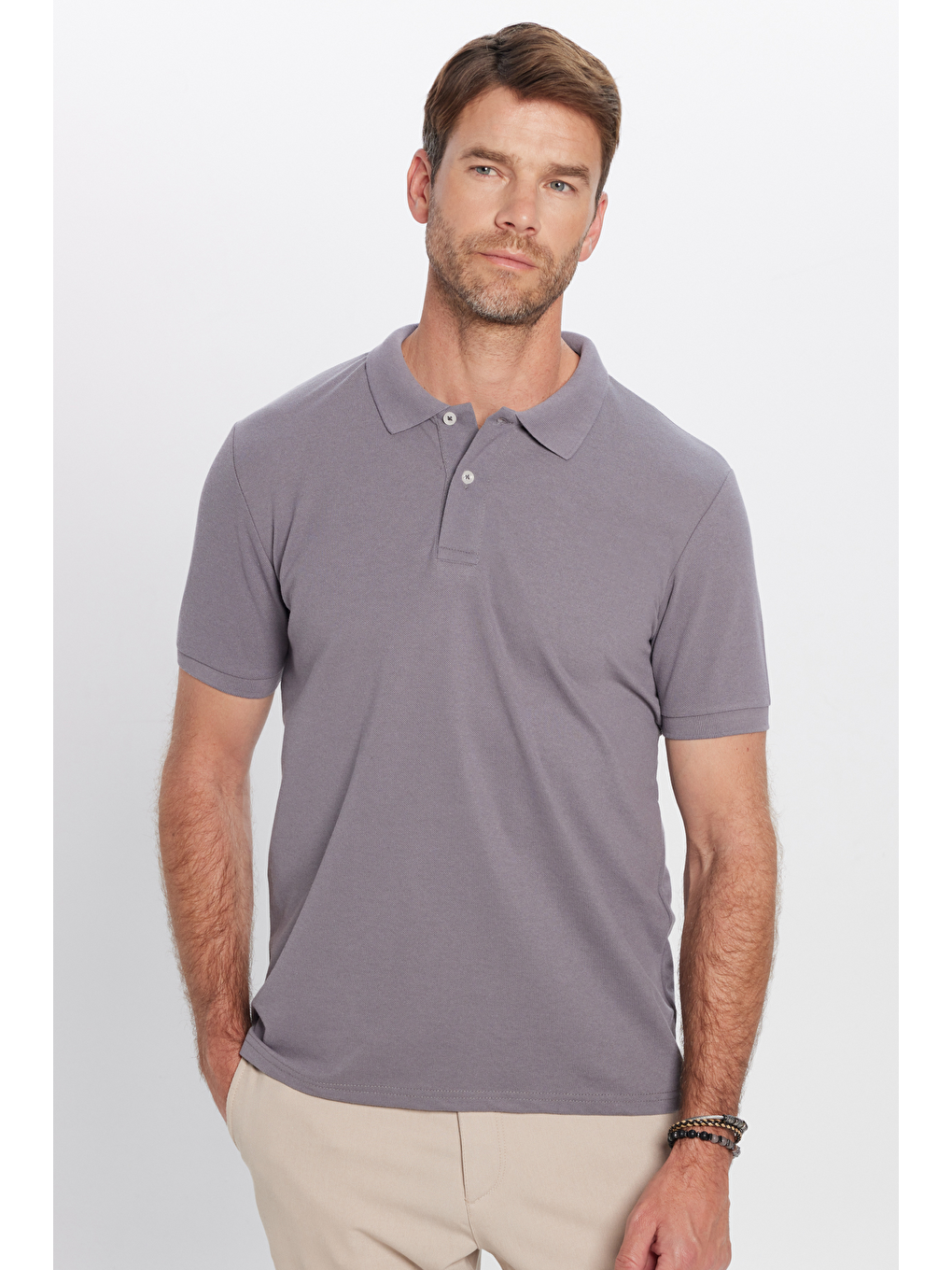 Erkek Regular Fit Klasik Kesim %100 Pamuk Düz Pike Gri Polo Yaka Tişört-5