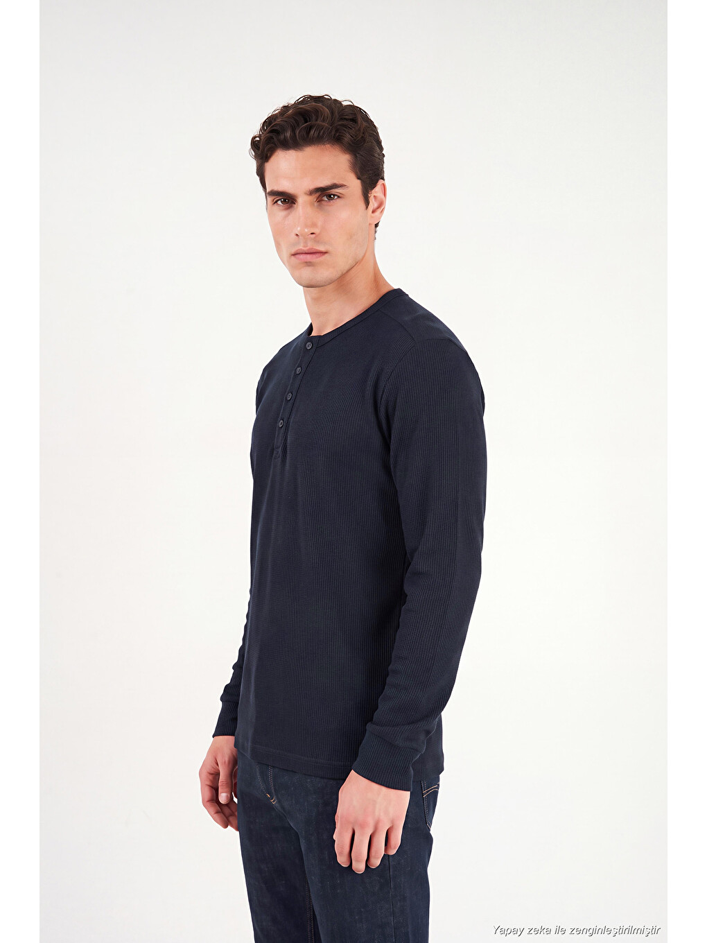 Lacivert Pamuklu Regular Fit Düğmeli Bisiklet Yaka Sweat 5905852-2
