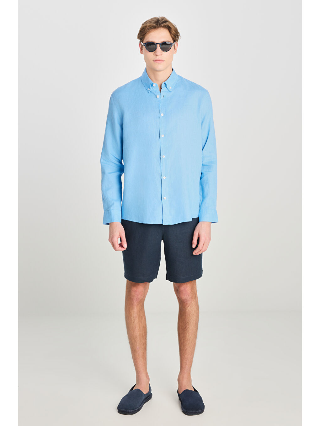 %100 Keten Regular Fit Normal Kesim Mavi Gömlek-2