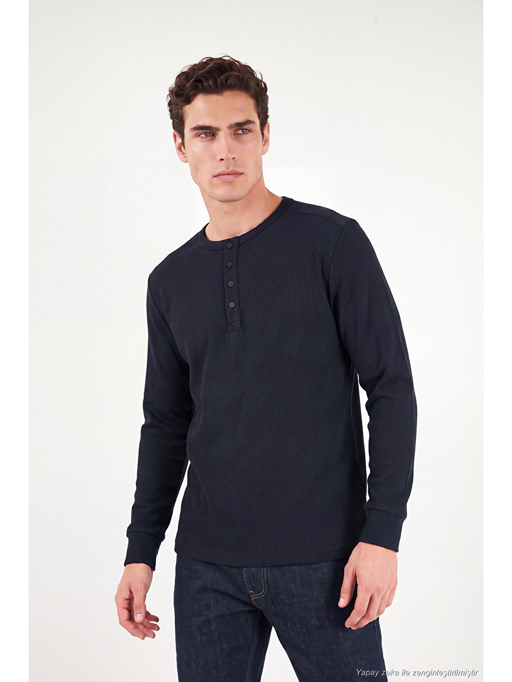 Lacivert Pamuklu Regular Fit Düğmeli Bisiklet Yaka Sweat 5905852-3
