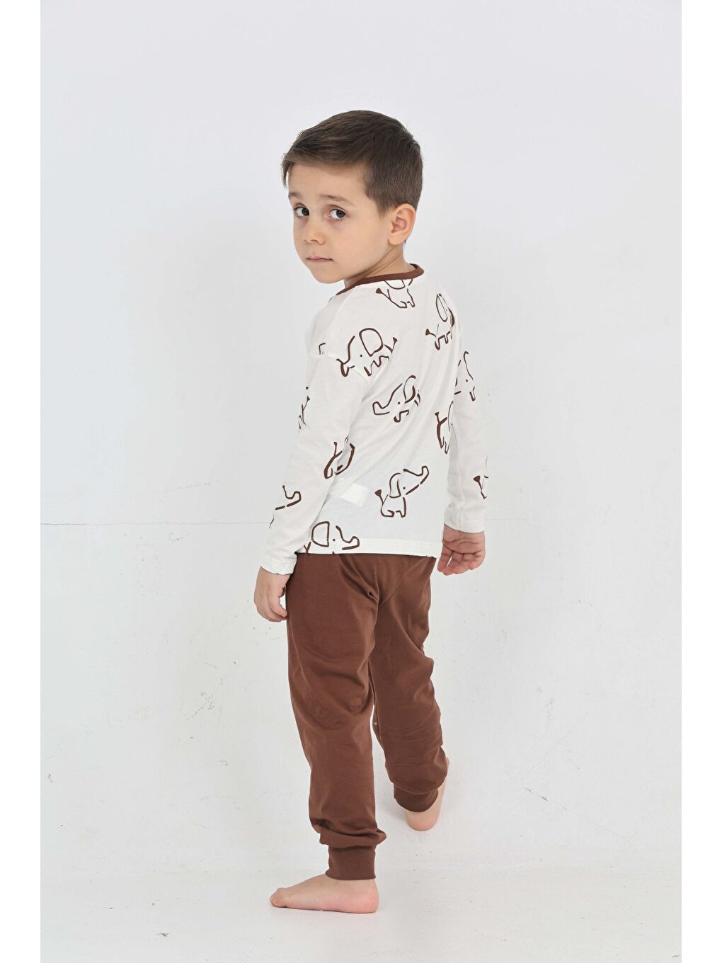 Kahverengi Erkek Çocuk Fil Pano Baskılı Pijama Takım-6