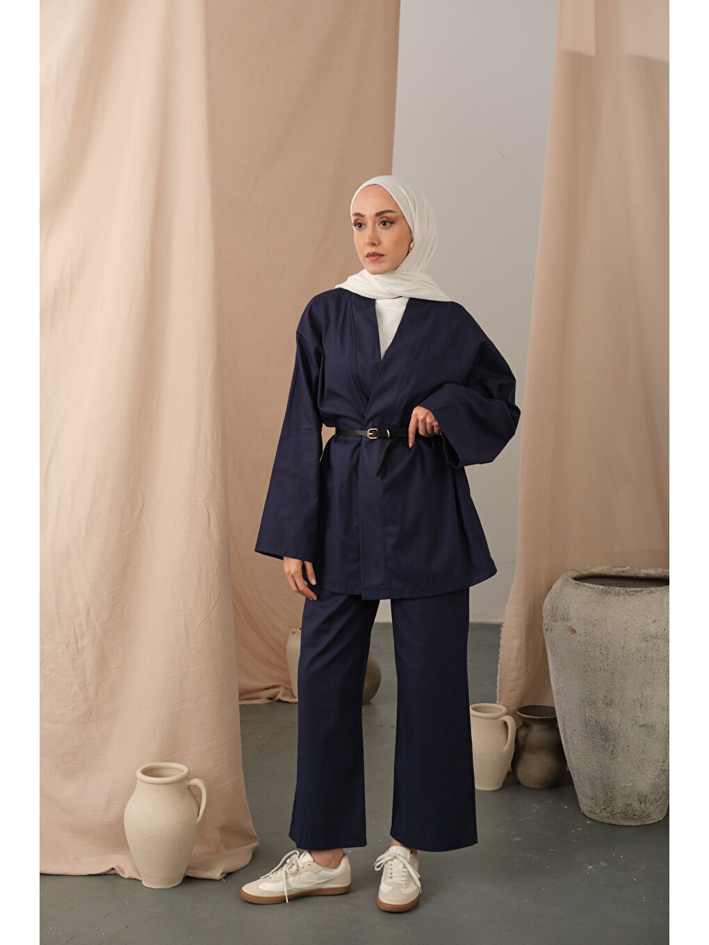 Kadın Deri Kemerli Kimono Takım Lacivert-3