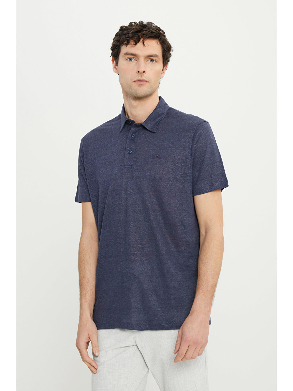 Erkek Lacivert %100 Keten Slim Fit Dar Kesim Polo Yaka Tişört