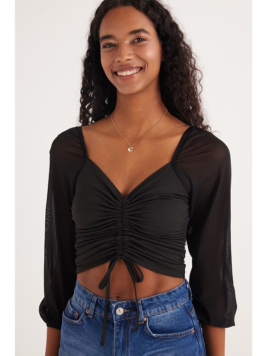 Kadın Slim Fit Dar Kesim Uzun Kollu Büzgülü Siyah Bluz-1