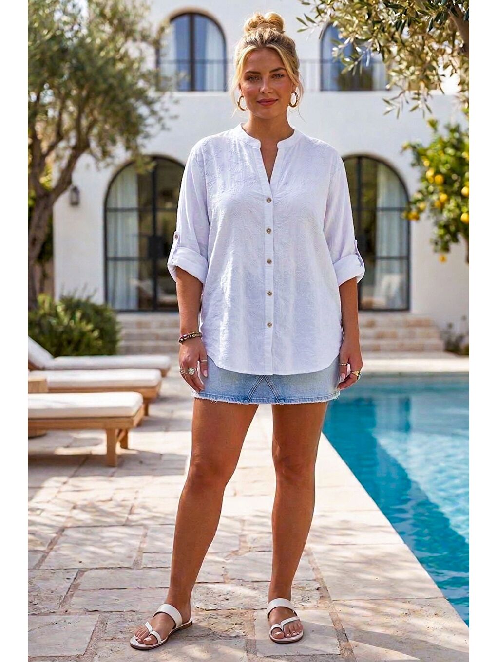 Beyaz Hakim Yaka Düğmeli Uzun Kollu Düğmeli Casual Müslin Dokuma Gömlek 75 63-5