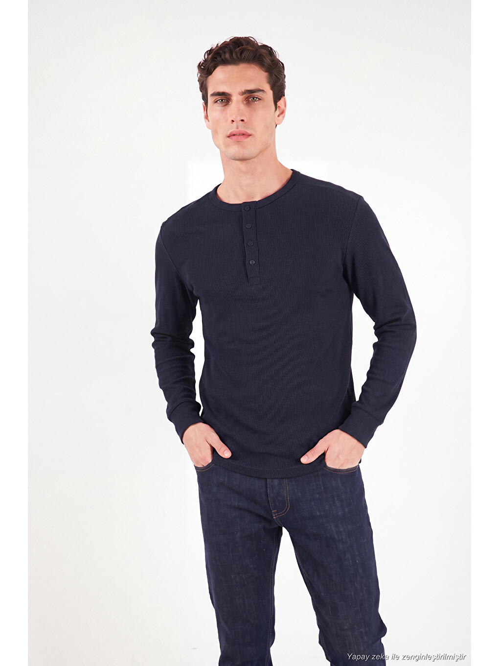 Lacivert Pamuklu Regular Fit Düğmeli Bisiklet Yaka Sweat 5905852-5