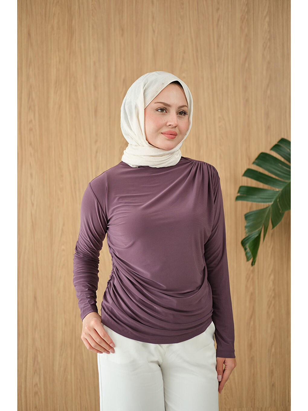 Pembe Kadın Uzun Kollu Büzgü Detay Bluz Gül Kurusu-2