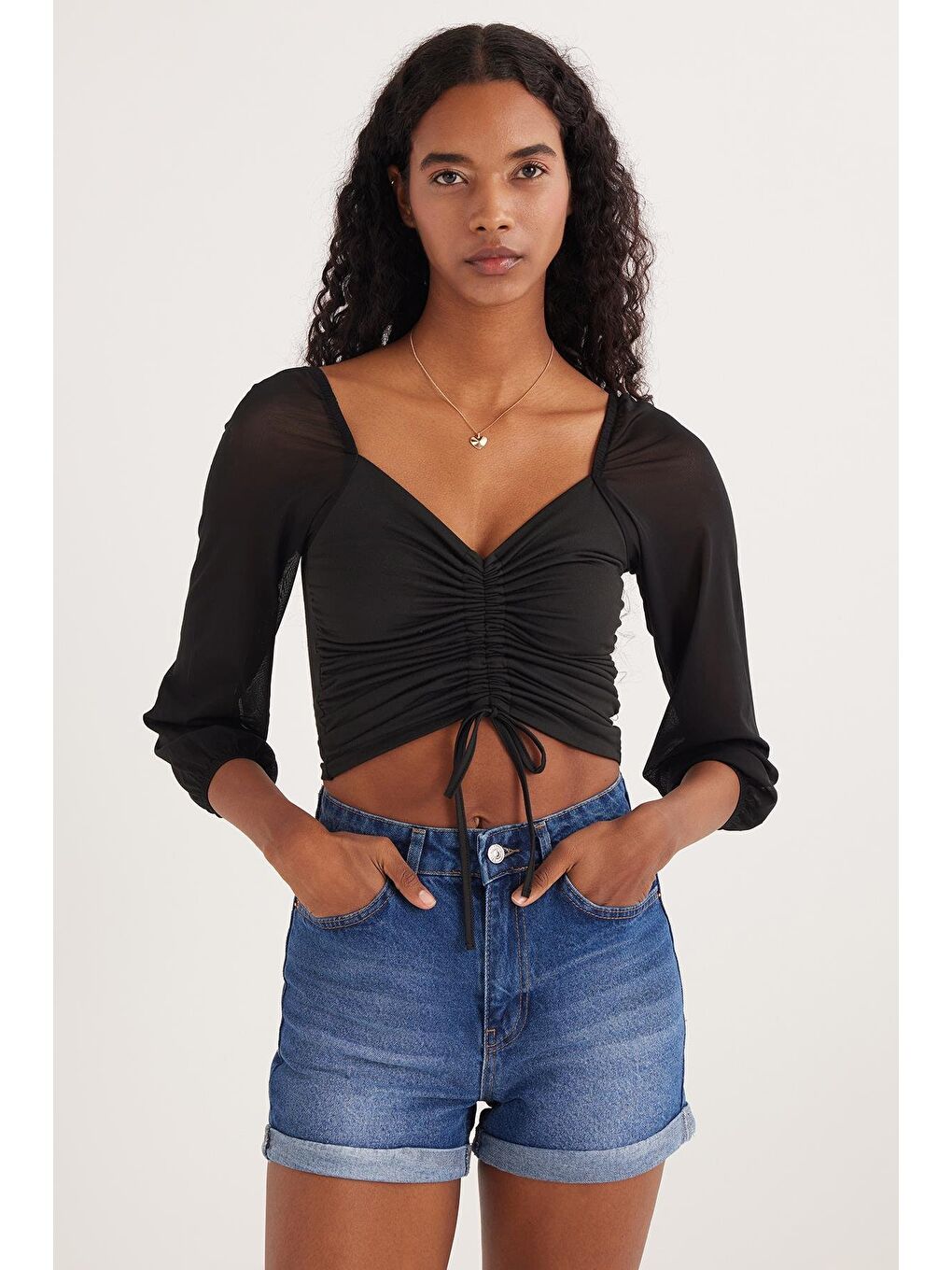 Kadın Slim Fit Dar Kesim Uzun Kollu Büzgülü Siyah Bluz-3