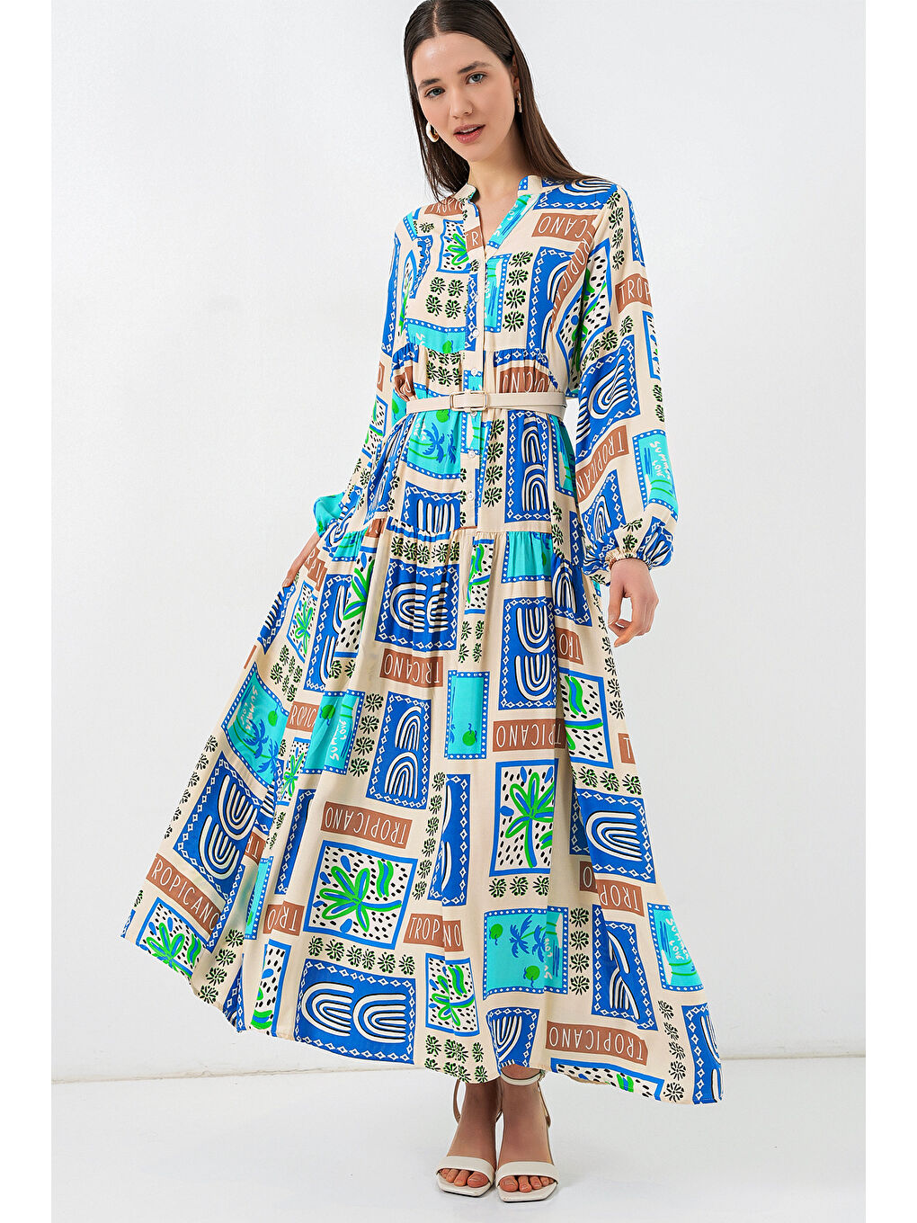 Kadın Desenli Uzun Tesettür Elbise 2585 - A. Turkuaz-3