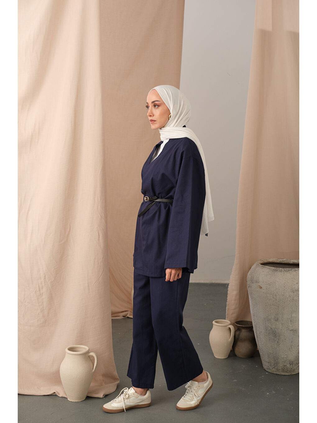 Kadın Deri Kemerli Kimono Takım Lacivert-4