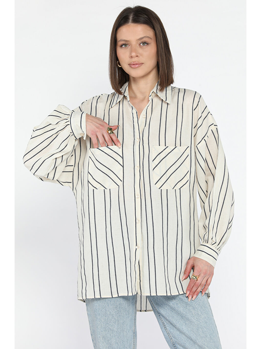 Bej Kadın Çizgi Desenli Çift Cepli Gömlek-1