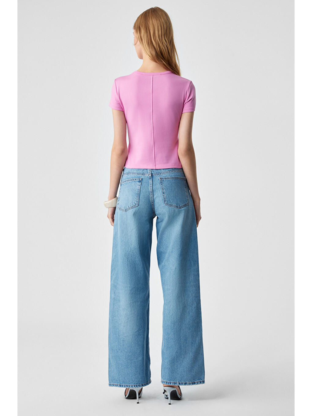 Masroutı Kadın Slim Kısa V Yaka Kısa Kol Pembe T-shirt-4
