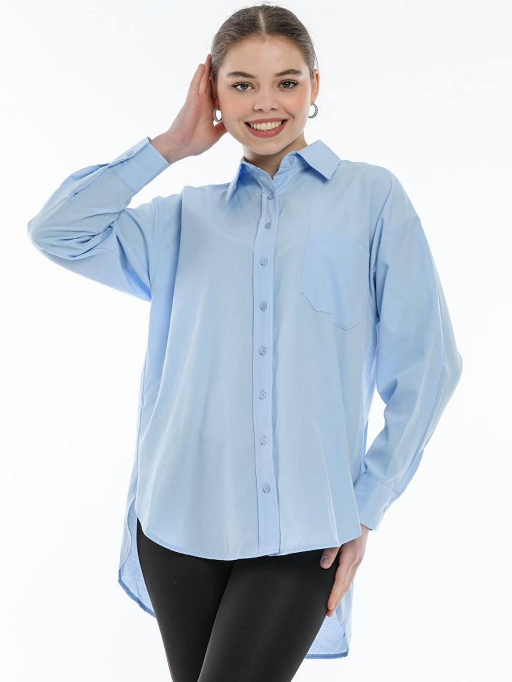 Mavi Oversize Arkası Uzun Önü Kısa Poplin Gömlek-2