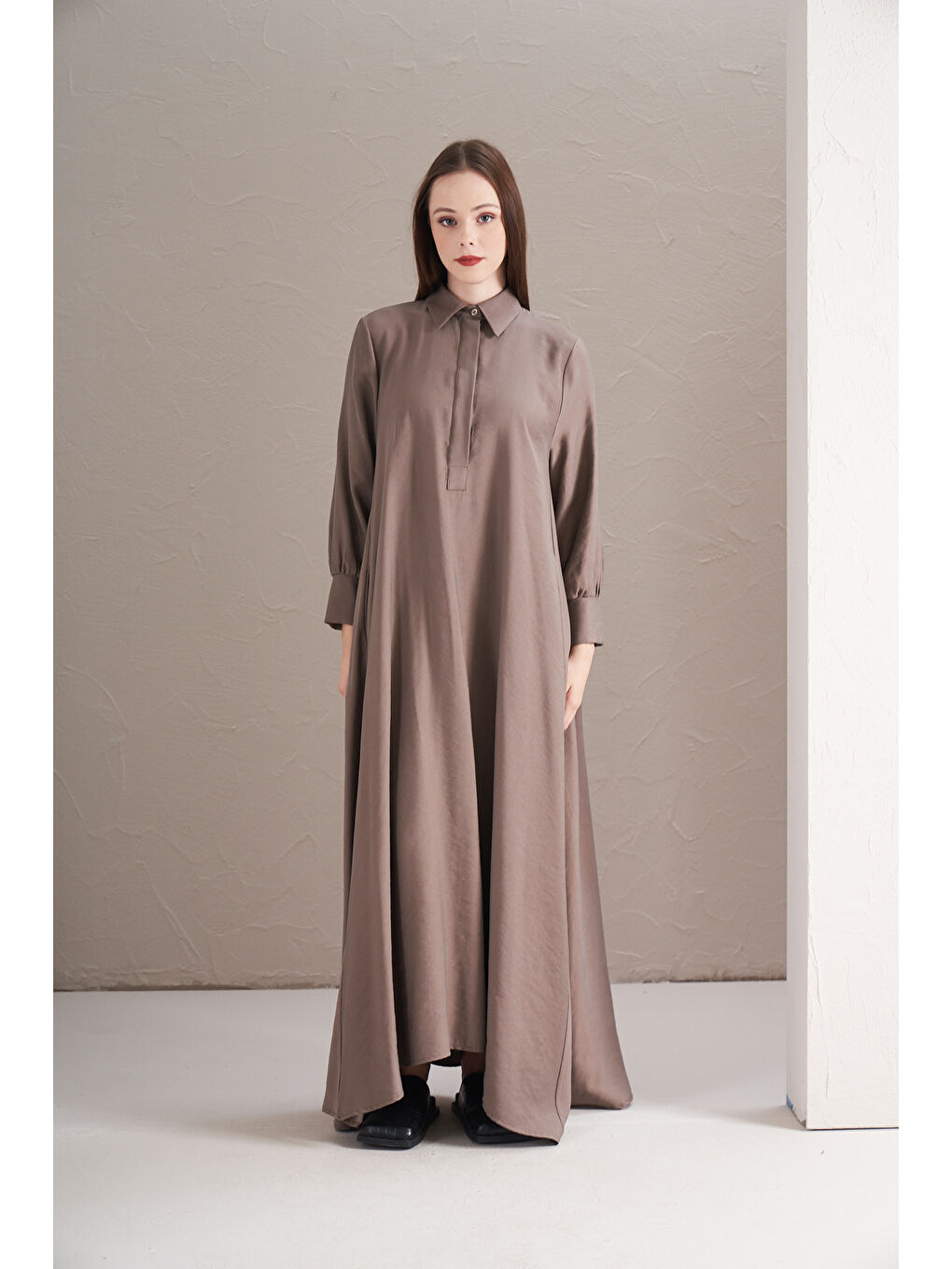 Bej A Pile Ekstra Salaş Modal Elbise Vizon-9