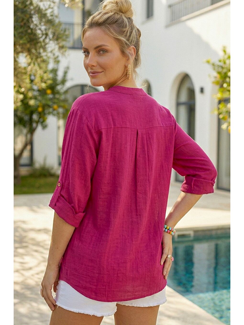 Fuşya Hakim Yaka Düğmeli Uzun Kollu Düğmeli Casual Müslin Dokuma Gömlek 75 63-4