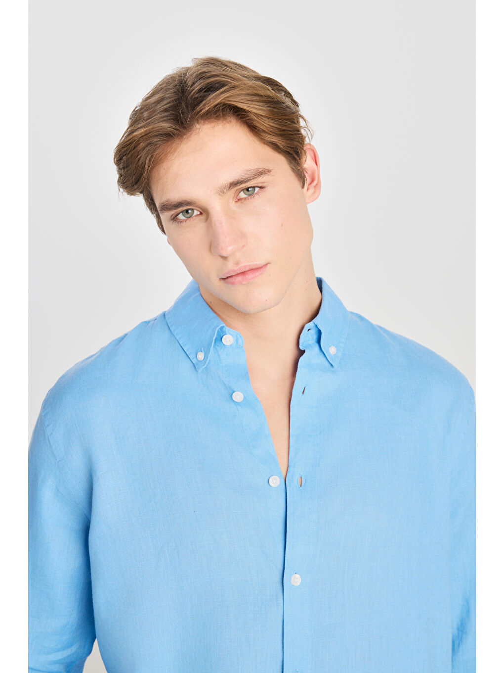 %100 Keten Regular Fit Normal Kesim Mavi Gömlek-3