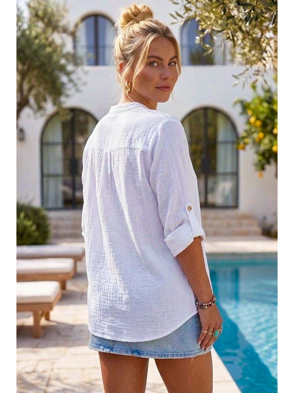 Beyaz Hakim Yaka Düğmeli Uzun Kollu Düğmeli Casual Müslin Dokuma Gömlek 75 63-6