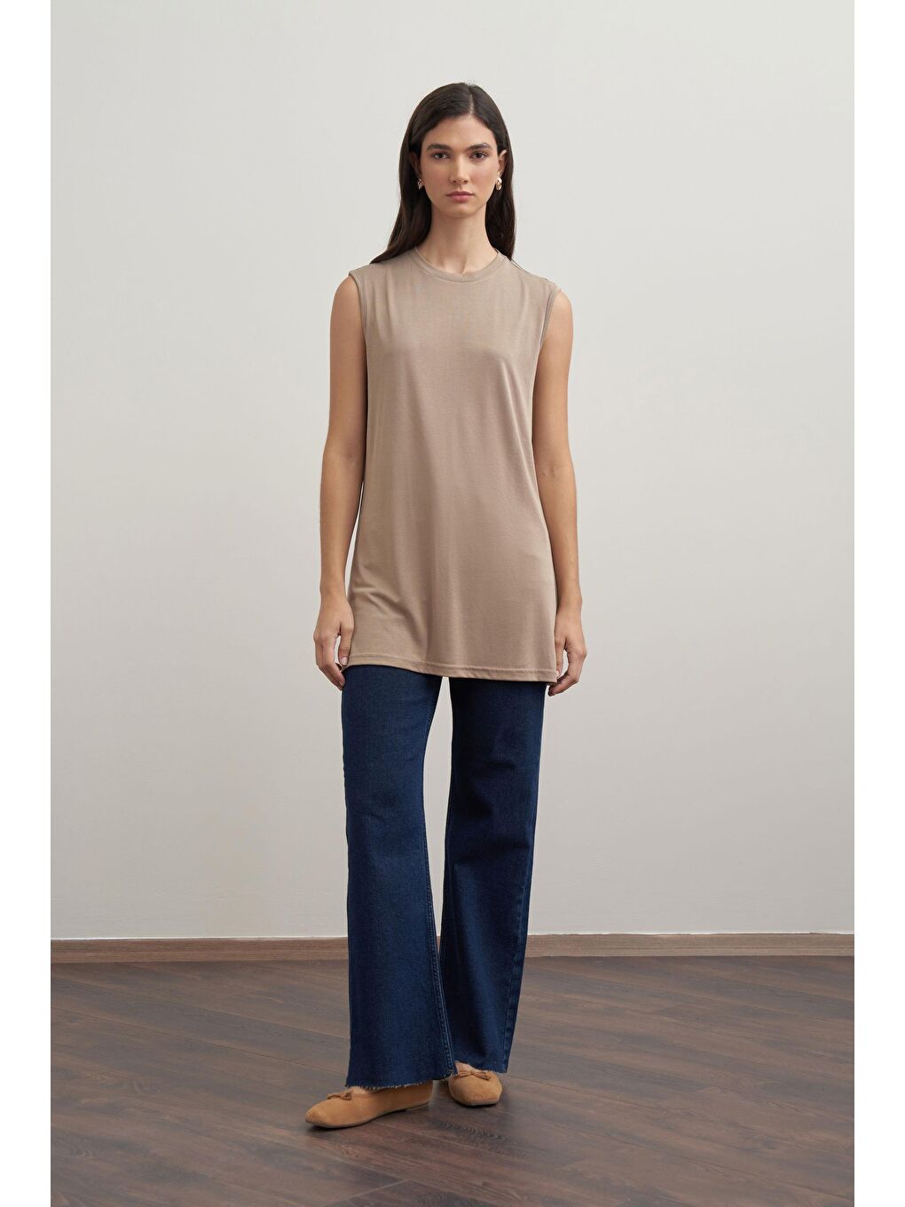 Bej Vizon-Basıc Sıfır Kol İçlik Tunik-1