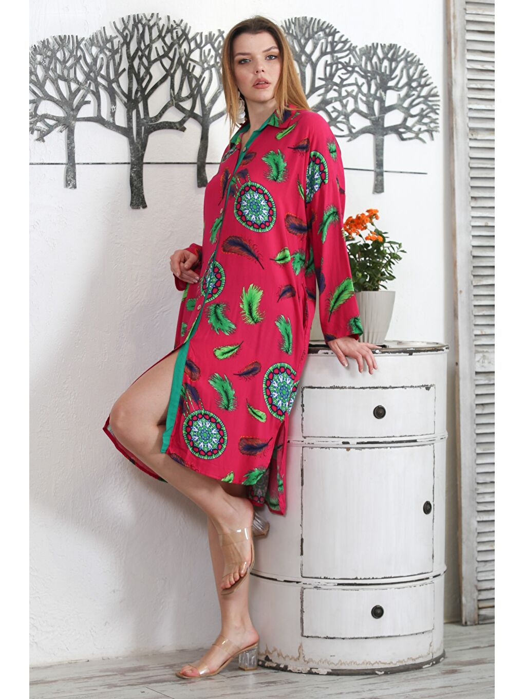 Fuşya Gömlek Yaka Uzun Kol Düğmeli Gizli Cepli Allover Baskılı Dokuma Casual Elbise