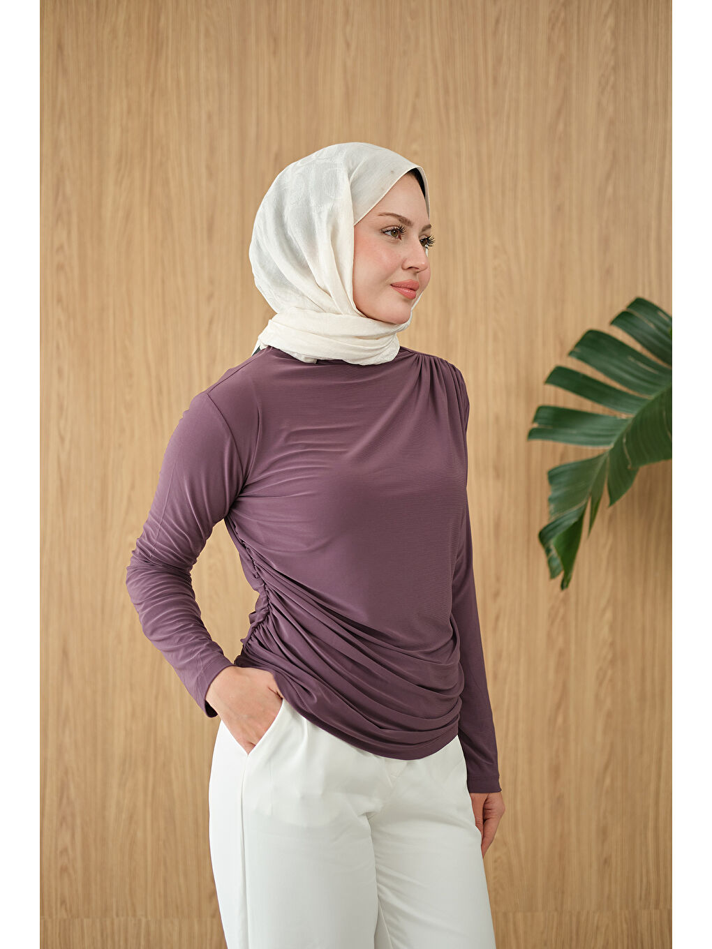 Pembe Kadın Uzun Kollu Büzgü Detay Bluz Gül Kurusu-3