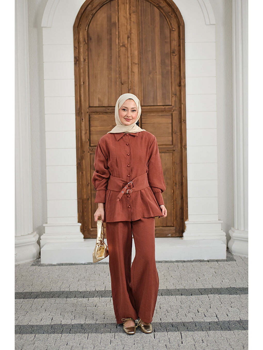Kahverengi Kadın Beli Pile Detay İki Kemerli Gömlek Yaka Takım Kiremit